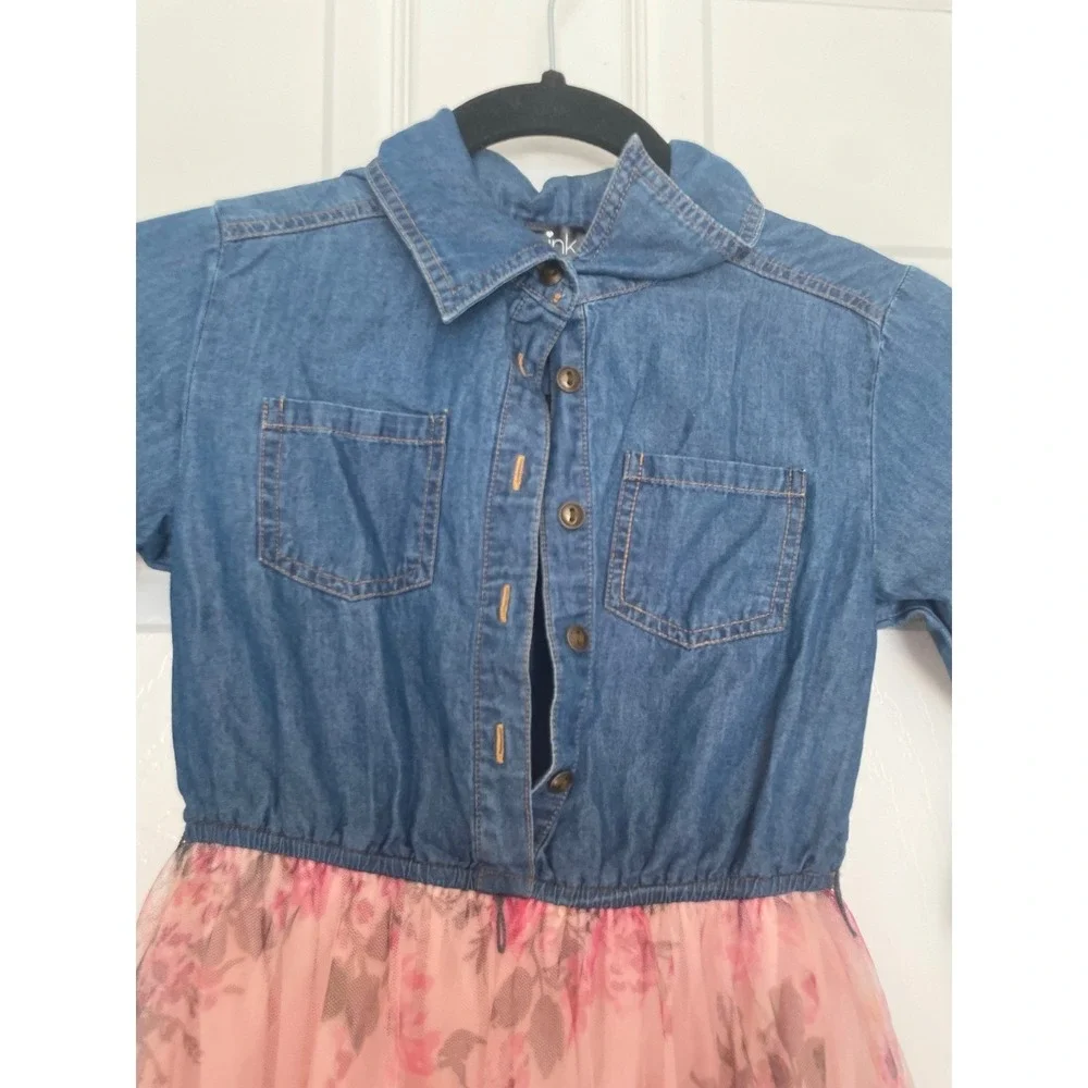 Pink & Violet 2 Pockets Girl 8 Denim Roll Tab Sleeves Flared Tutu Floral Dress